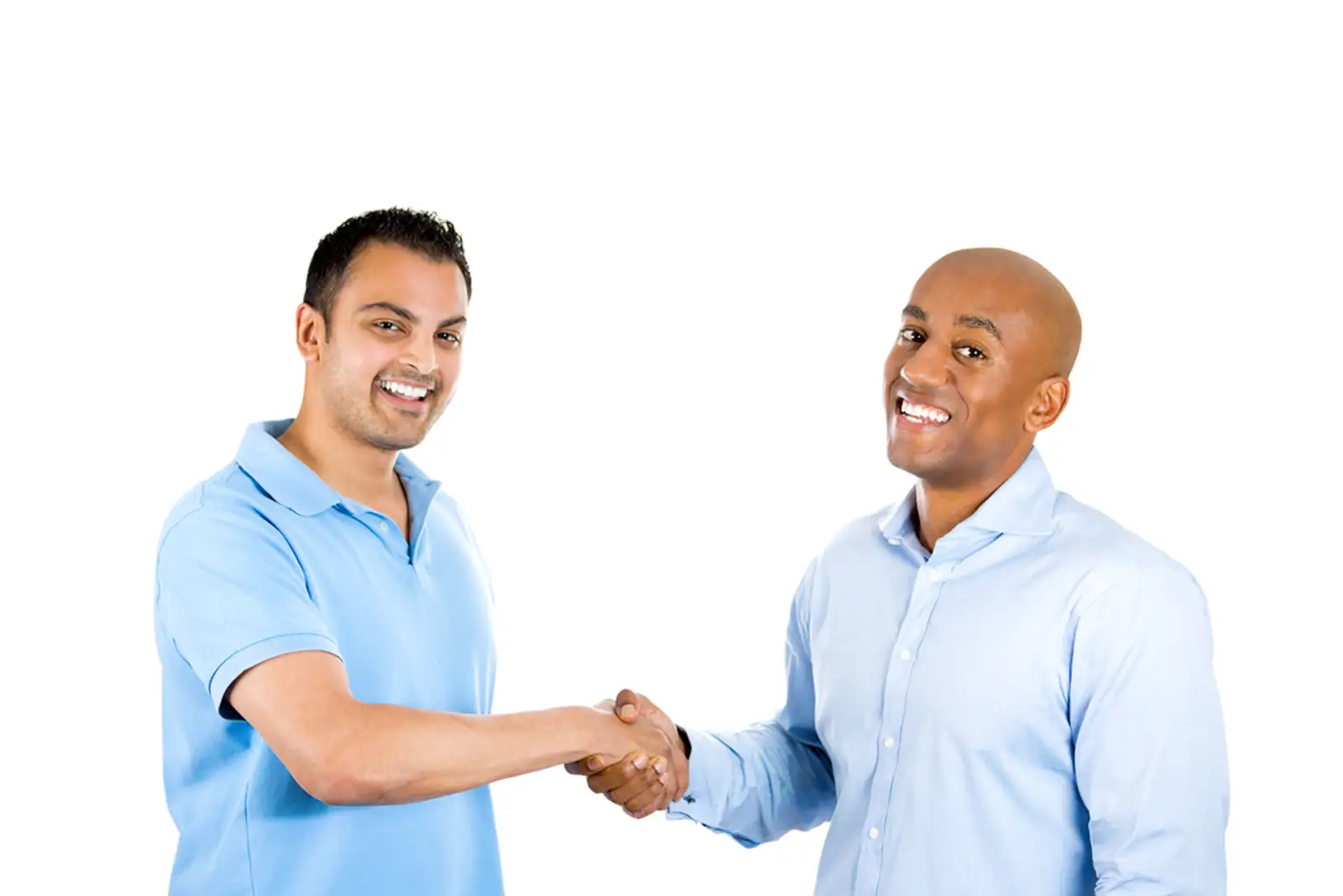 Closeup portrait of two men shaking hands%2c after a conflict resolution%2c and finding a solution to a problem%2c isolated on white background with copy space. Human emotions and facial expressions..jpeg