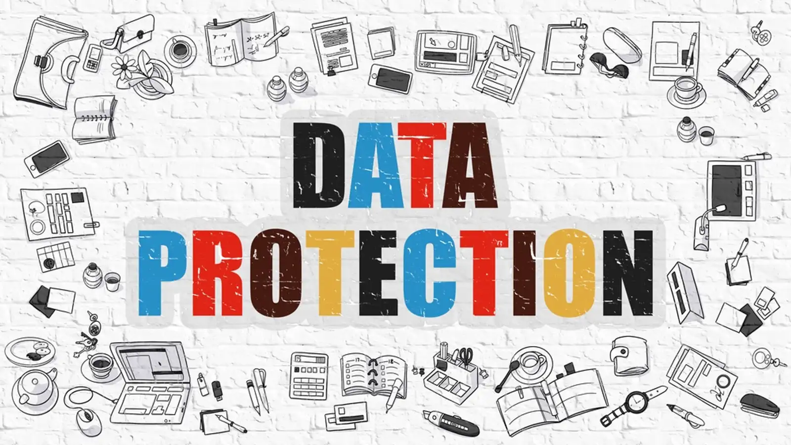 Data Protection Concept. Modern Line Style Illustration. Multicolor Data Protection Drawn on White Brick Wall. Doodle Icons. Doodle Design Style of Data Protection Concept..jpeg