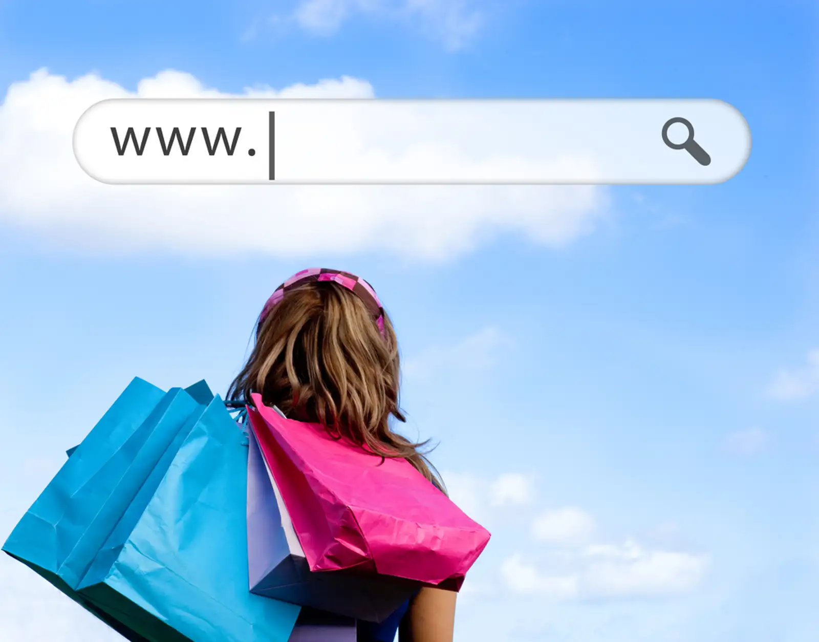 Girl holding shopping bags with address bar above against a blue sky.jpeg