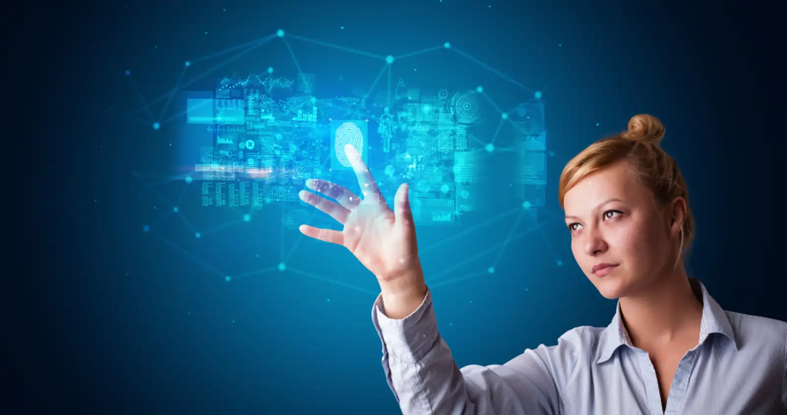 Woman accessing modern hologram personal database with fingerprint identification.jpeg