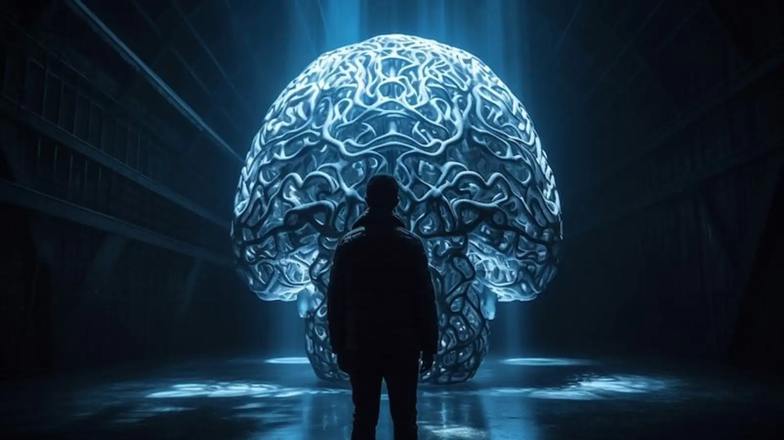 uomo guarda rappresentazione di un cervello futuristico.jpg