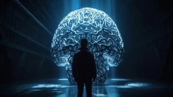 uomo guarda rappresentazione di un cervello futuristico.jpg