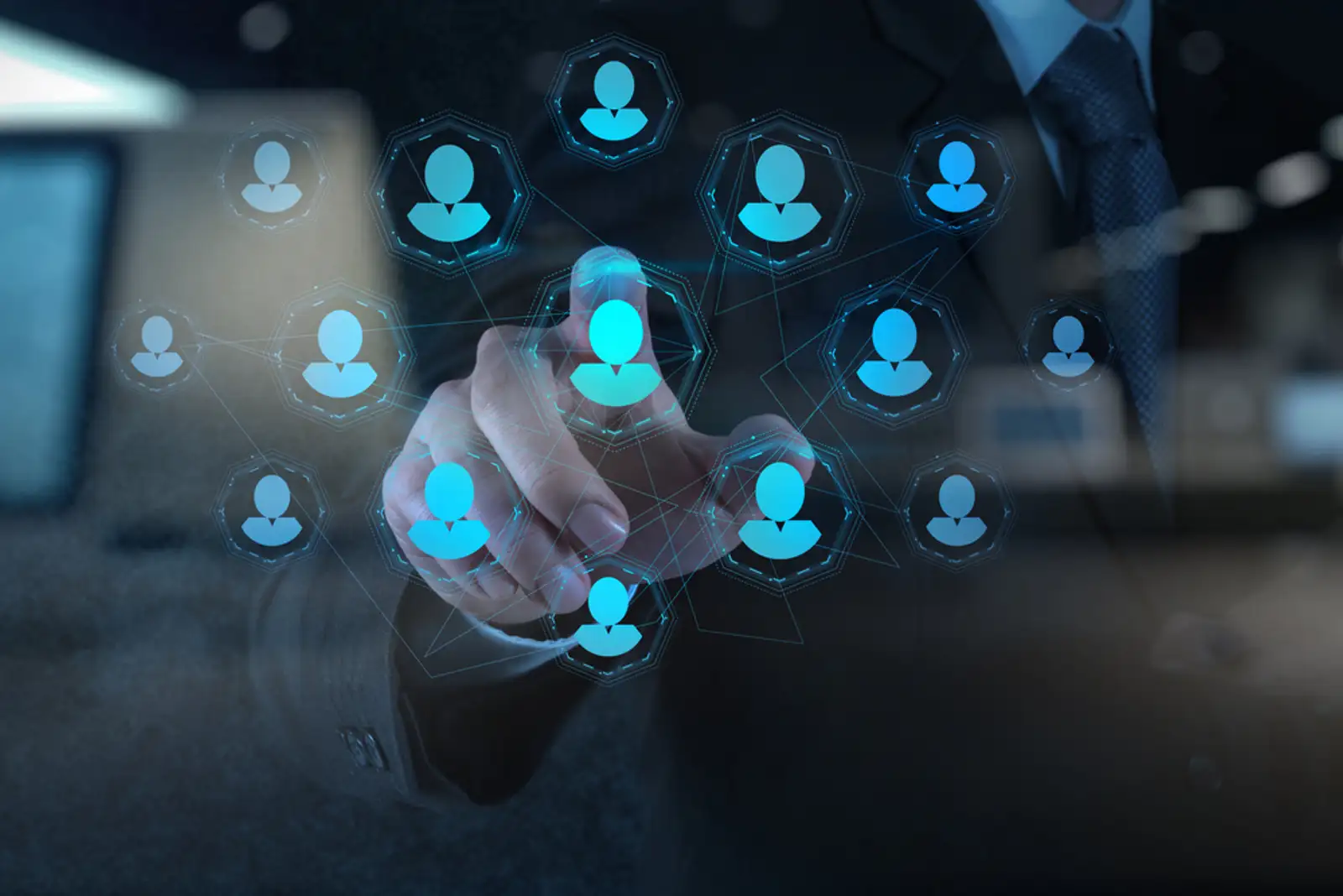 Double exposure of businessman hand points human resources%2c CRM and social media as concept.jpeg