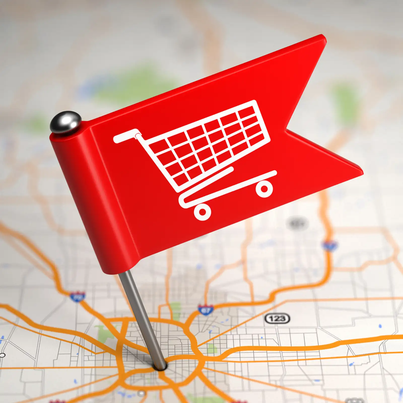 Shopping Concept - Small Flag on a Map Background with Selective Focus..jpeg