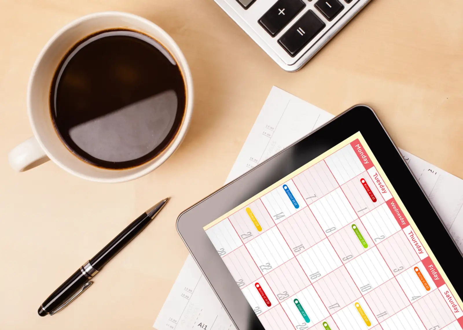 Workplace with tablet pc showing calendar and a cup of coffee on a wooden work table close-up.jpeg