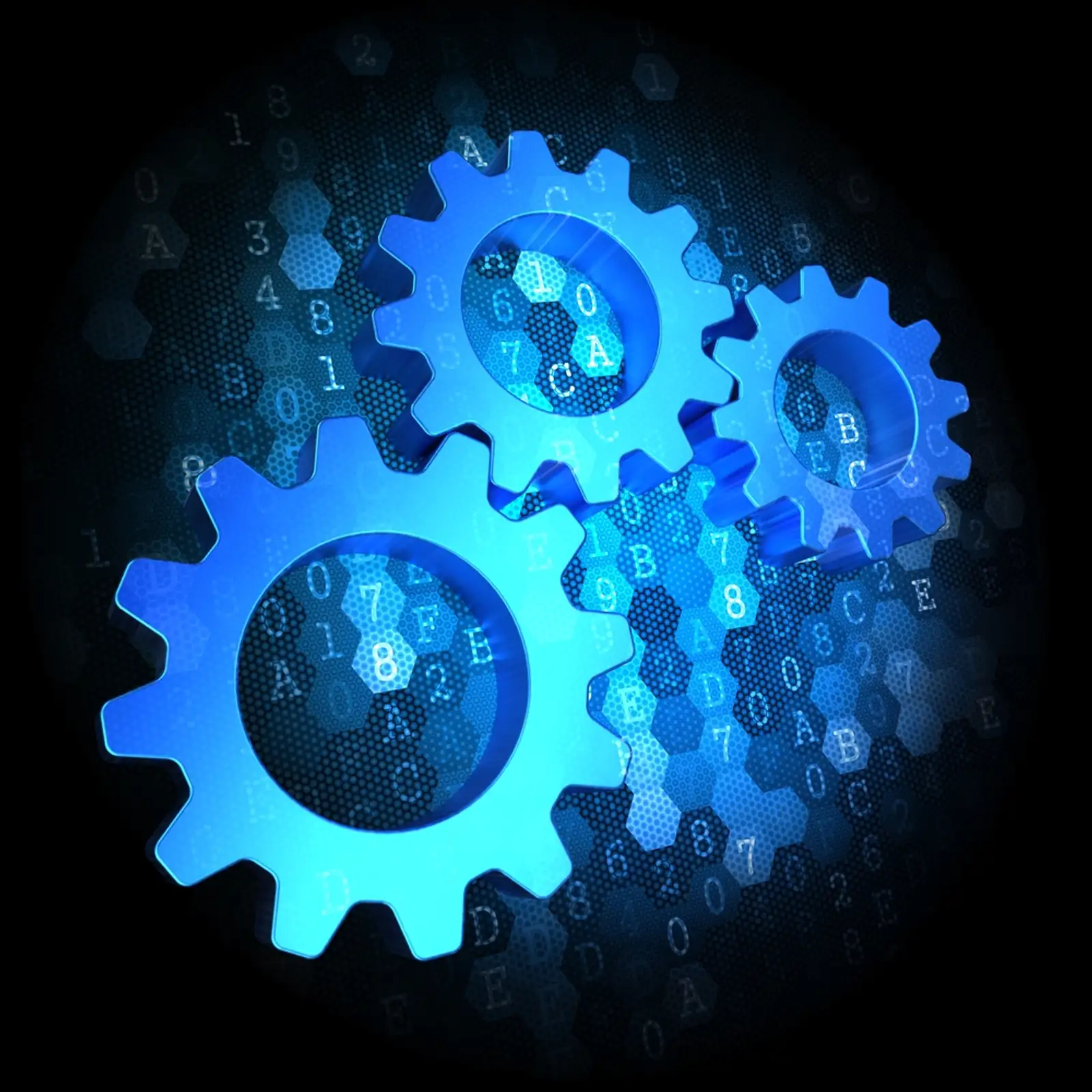 Blue Cogwheel Gear Mechanism Icon on Dark Digital Background..jpeg