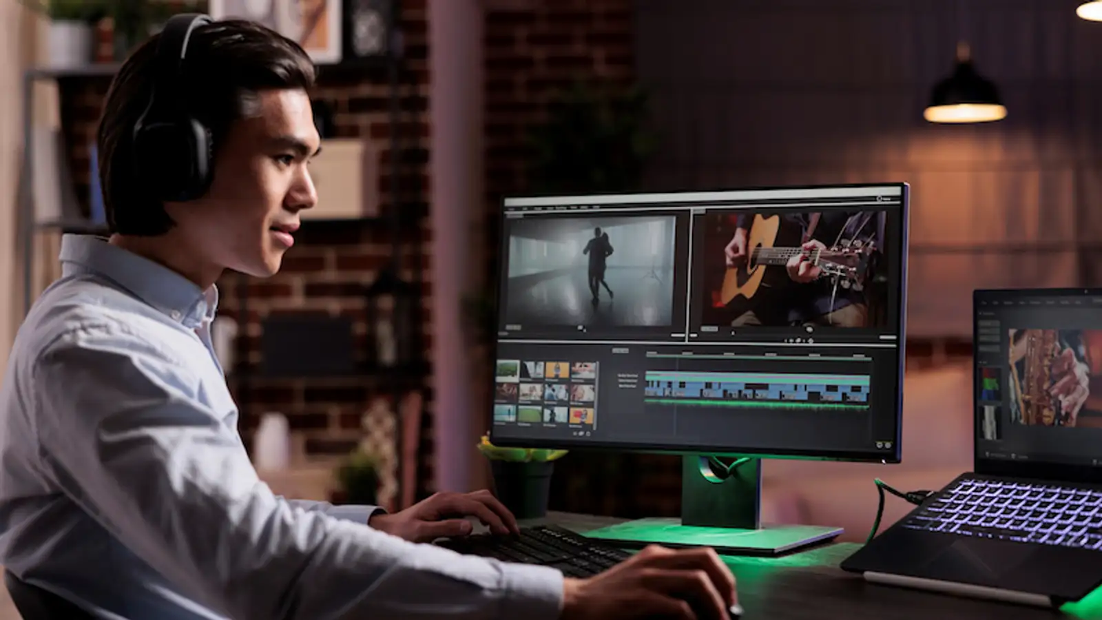 uomo freelance lavora al computer producendo contenuti multimediali video effetti audio.jpg