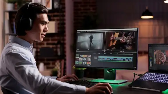 uomo freelance lavora al computer producendo contenuti multimediali video effetti audio.jpg