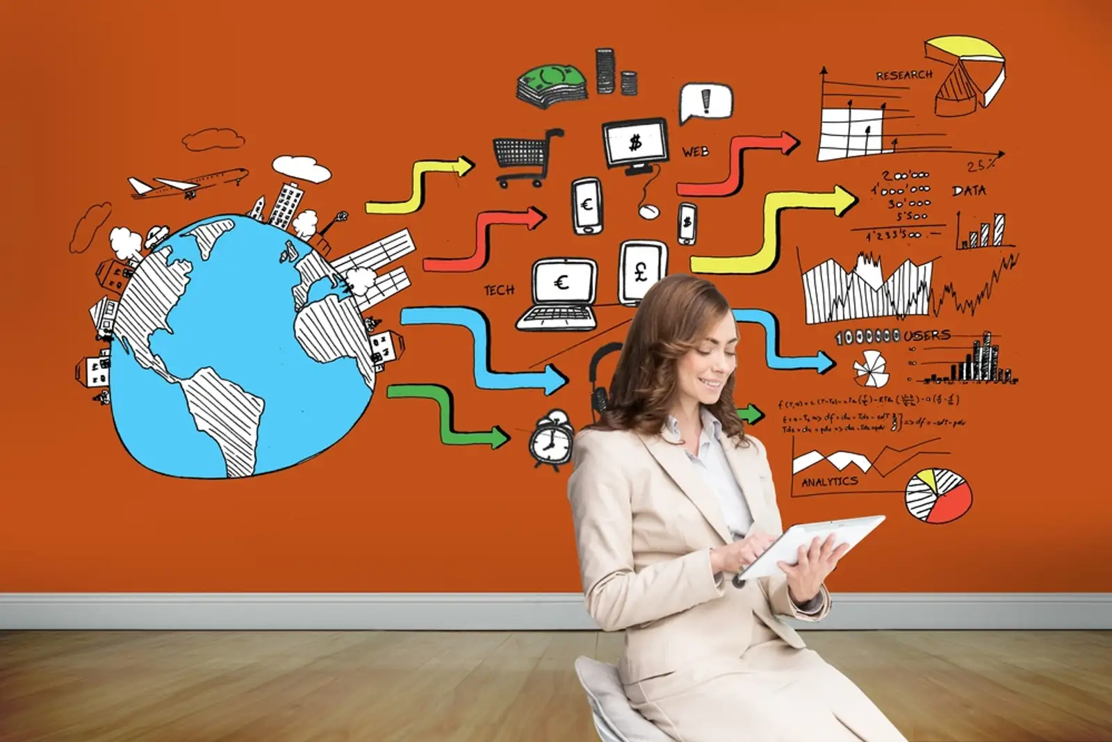 Composite image of pleased businesswoman using a tablet pc sitting on chair in front of orange wall showing economic illustrations.jpeg