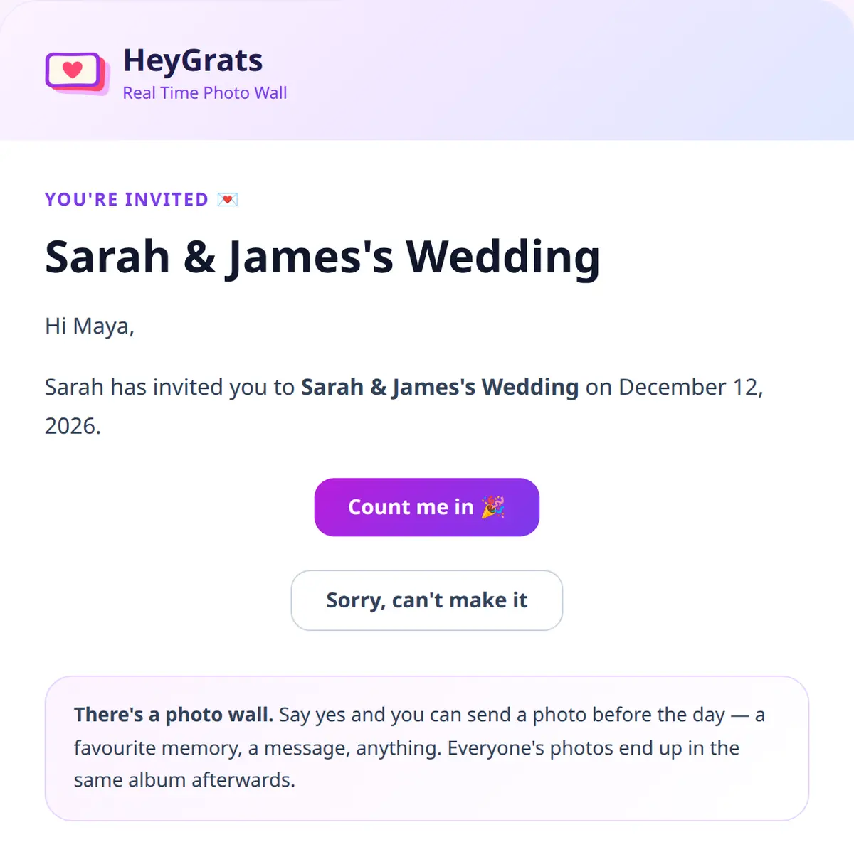 The HeyGrats invitation email, with Count me in and Sorry, can’t make it buttons