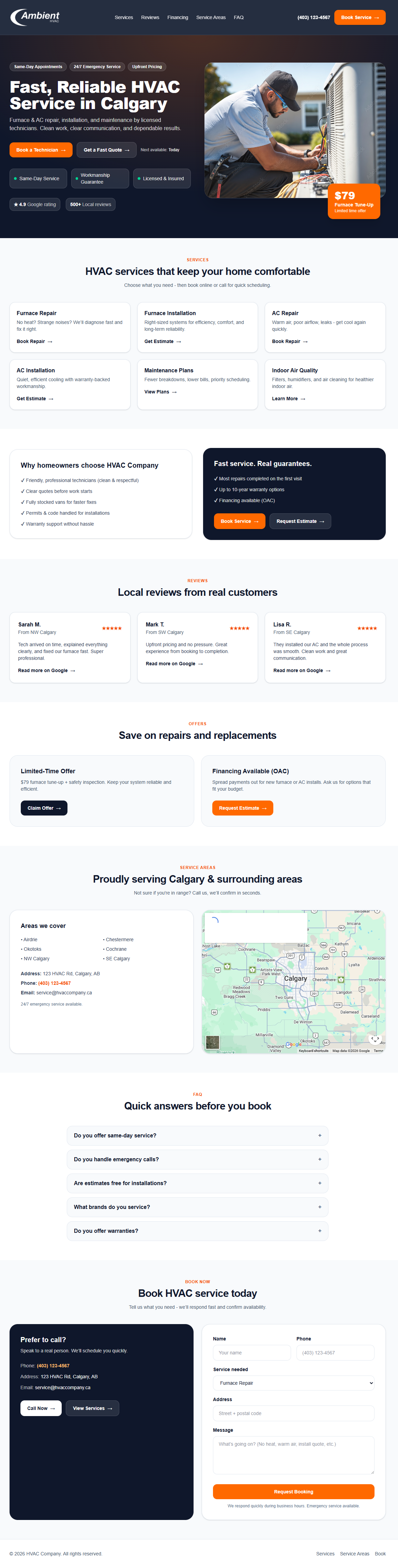 This is a screenshot for the website of Ambient HVAC. This is a demo page created by Ironwood Digital.