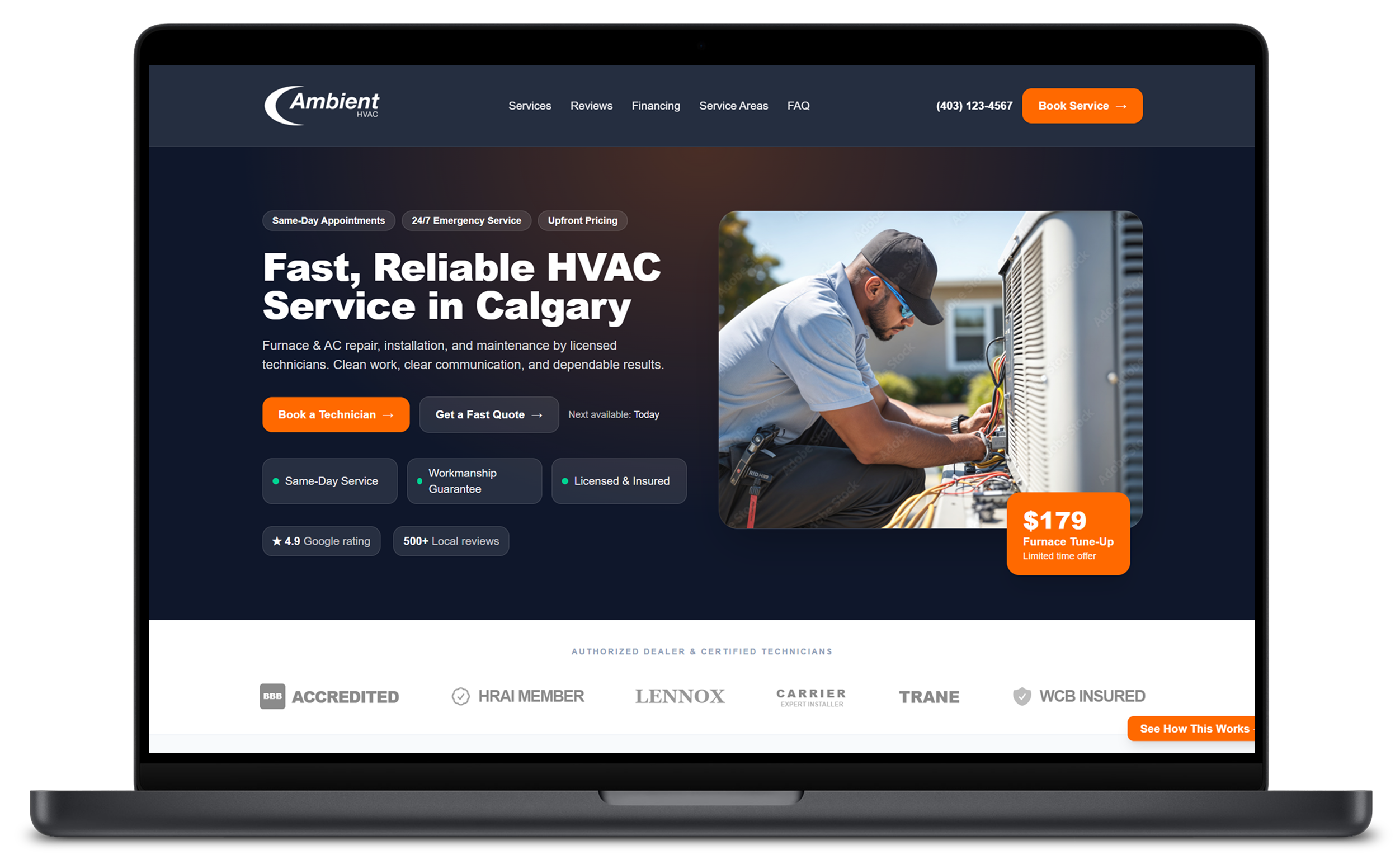 This is an image of a laptop open to the Ambient HVAC home page. This is a demo website created by Ironwood Digital.