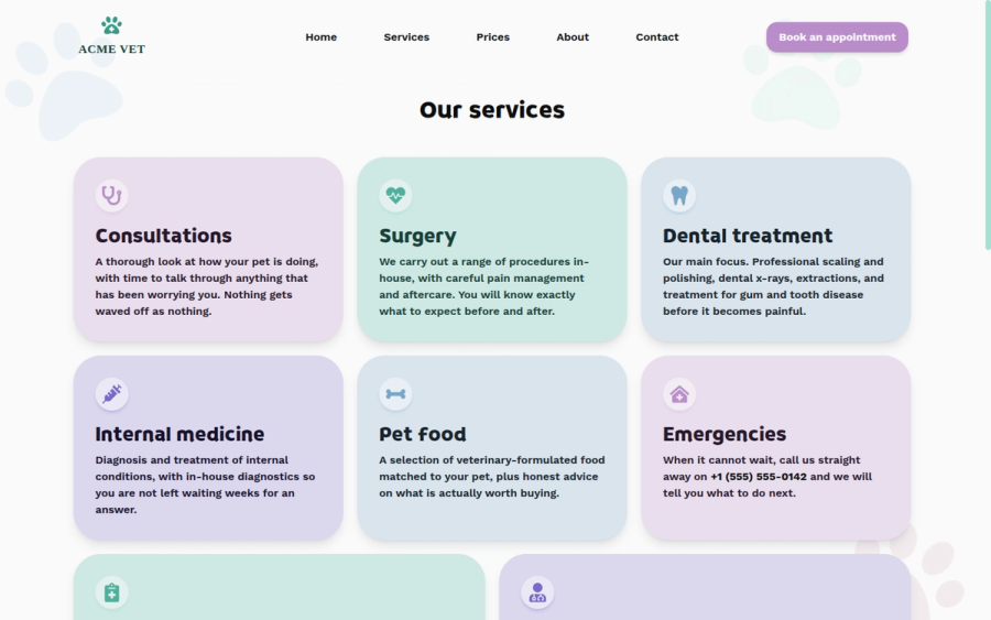 The services page of the veterinary clinic site, with a grid of pastel cards for consultations, surgery, dental treatment, internal medicine, pet food and emergencies.