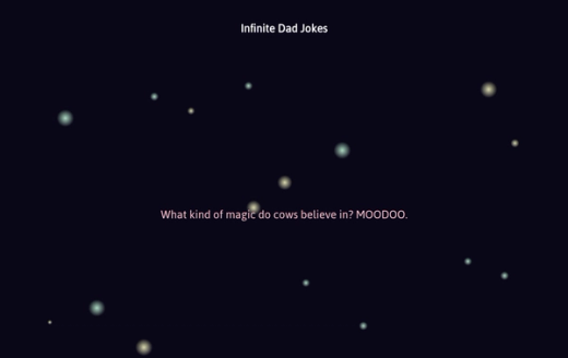 The Infinite Dad Jokes page, showing one joke in pink text in the middle of a dark night sky with scattered blurred stars.