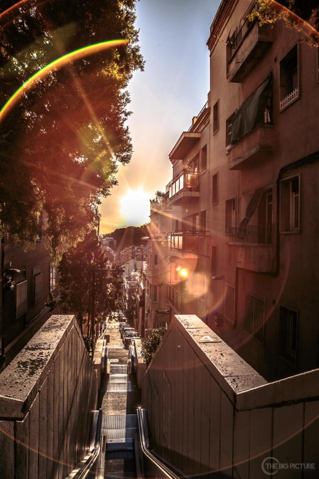 Low sun flaring over a narrow street of balconied flats, seen from the top of a public escalator running down the hillside.