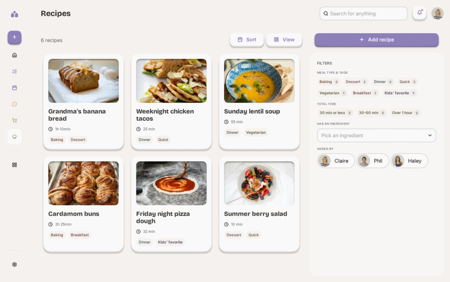 The recipe library in Yem in light mode: six recipe cards with photos, cooking times and tags, beside filters for meal type, total time, ingredient and who added the recipe.