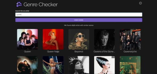 Genre Checker with "queen" searched: a grid of matching artists from Spotify, each with their photo and name, headed by a note that 4696 artists were found with similar names.
