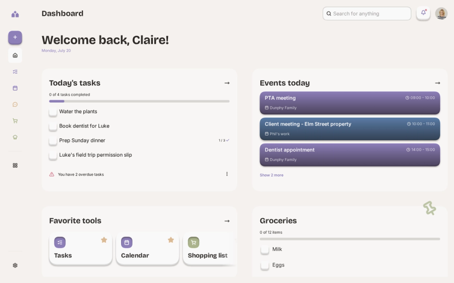 The Yem dashboard in light mode: a greeting for the day, today's tasks with a progress bar, the events on the calendar, shortcuts to tasks, calendar and shopping list, and the groceries still to buy.