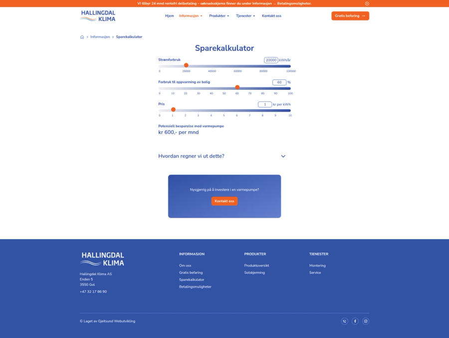 The savings calculator on hallingdalklima.no: three sliders for yearly electricity use, the share of it that goes to heating, and the price per kilowatt hour, adding up to an estimated saving of 600 kroner a month with a heat pump.