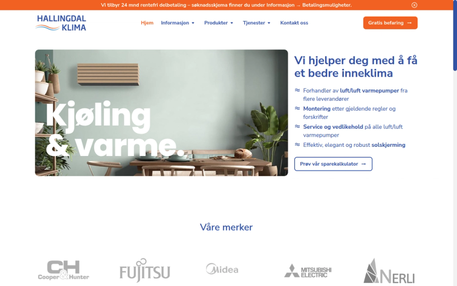 The Hallingdal Klima front page: a heat pump mounted above a dining table, next to the heading "Vi hjelper deg med å få et bedre inneklima" and a list of what the firm does, with the brands they carry along the bottom.