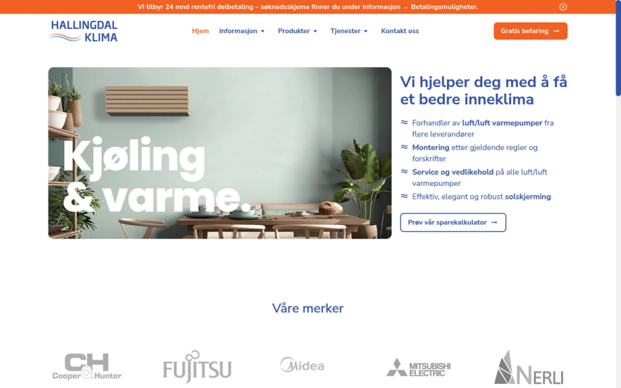 The Hallingdal Klima front page: a heat pump mounted above a dining table, next to the heading "Vi hjelper deg med å få et bedre inneklima" and a list of what the firm does, with the brands they carry along the bottom.