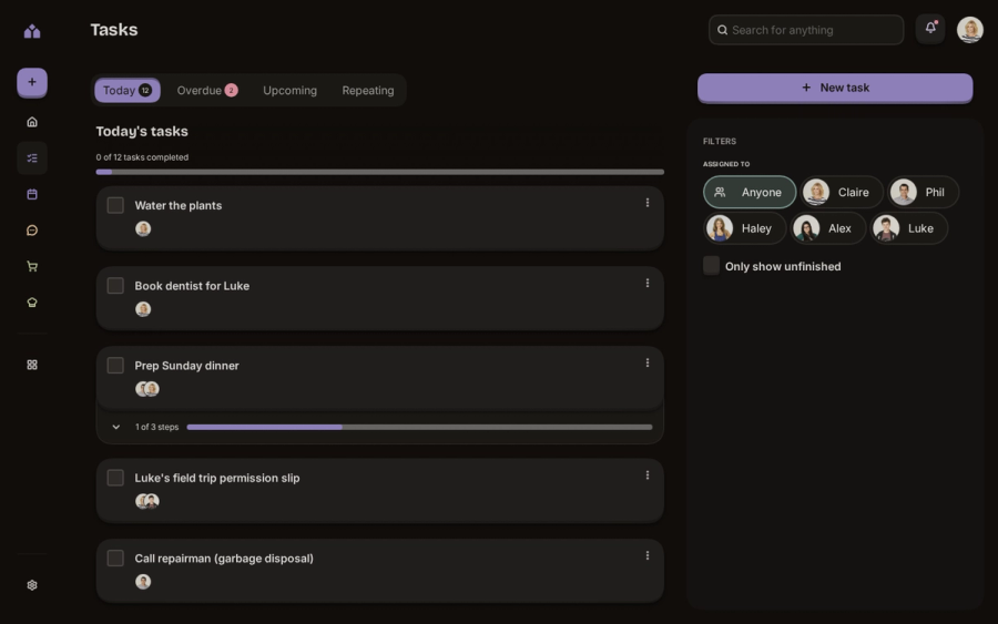 The task list in dark mode, filtered to today: each task with a checkbox and the household members it is assigned to, one expanded to show its steps, and a filter panel for picking a person.