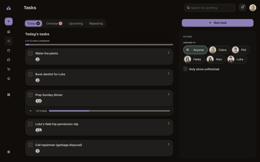 The task list in dark mode, filtered to today: each task with a checkbox and the household members it is assigned to, one expanded to show its steps, and a filter panel for picking a person.