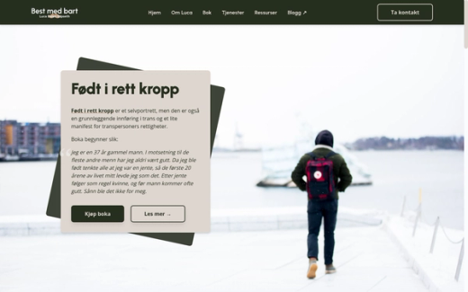 The Best med bart front page: the opening lines of Luca Dalen Espseth's memoir Født i rett kropp on a card, over a photo of him walking away from the camera along a snowy waterfront.