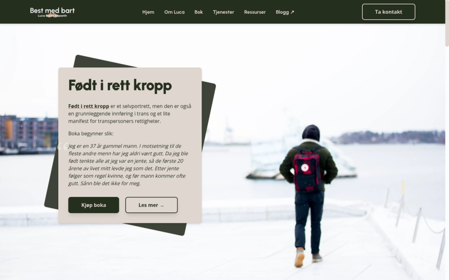 The Best med bart front page: the opening lines of Luca Dalen Espseth's memoir Født i rett kropp on a card, over a photo of him walking away from the camera along a snowy waterfront.