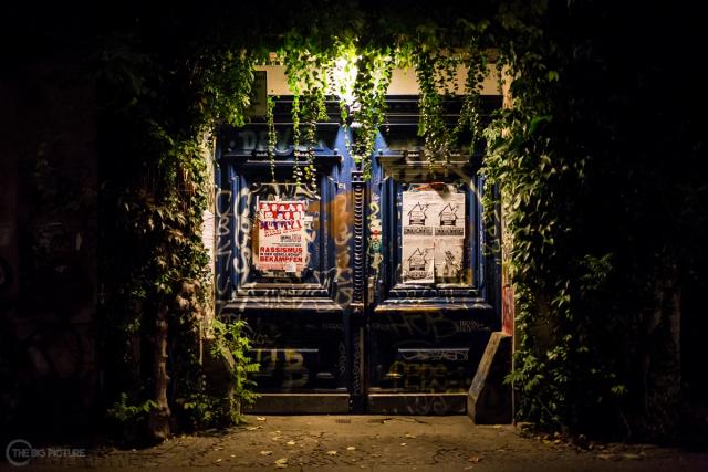 Tall graffiti-covered doors framed by ivy and lit from above at night, with protest posters pasted at eye height.