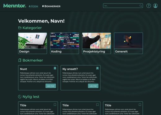 The Menntor front page in Norwegian: a search field across the top, four documentation categories as image cards, and rows of bookmarked and recently read articles below them.