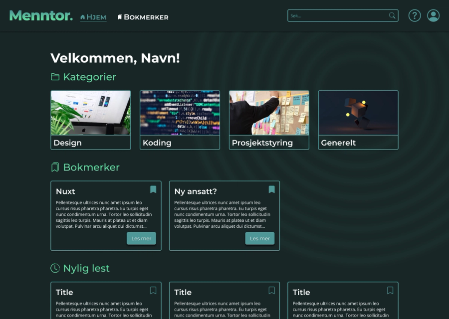 The Menntor front page in Norwegian: a search field across the top, four documentation categories as image cards, and rows of bookmarked and recently read articles below them.