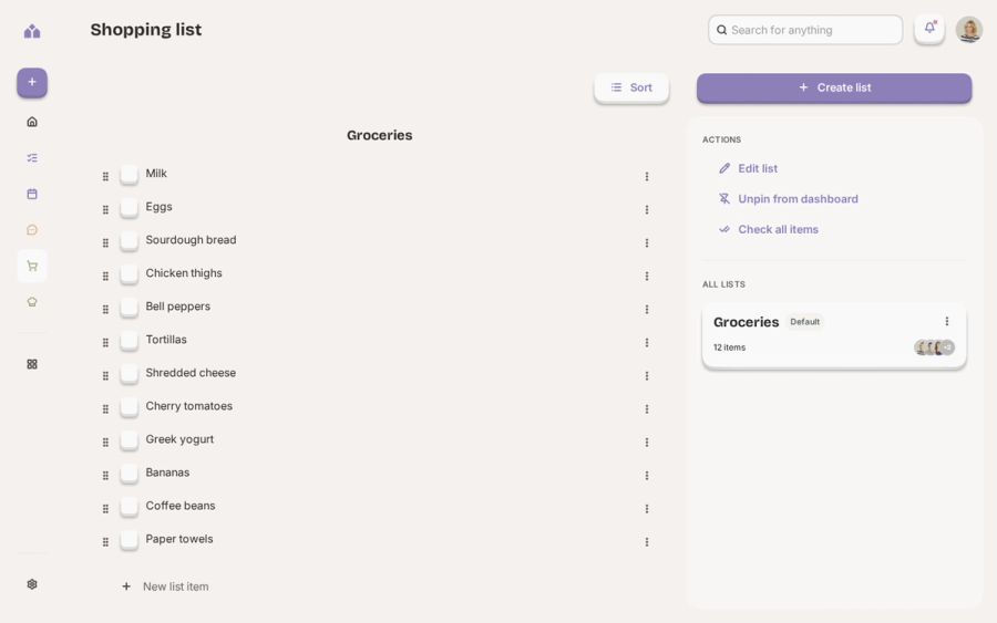 A shopping list in Yem in light mode: twelve groceries with checkboxes and drag handles for reordering, beside actions to edit the list, unpin it from the dashboard or check everything off.