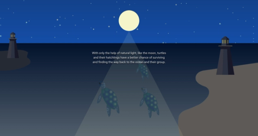Illustration of a moonlit night at sea. A full moon casts a pale triangle of light across dark water, and four green sea turtles swim up it towards the shore, with an unlit lighthouse silhouetted on each side. Caption: "With only the help of natural light, like the moon, turtles and their hatchlings have a better chance of surviving and finding the way back to the ocean and their group."