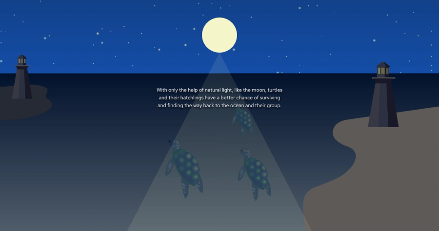 Illustration of a moonlit night at sea. A full moon casts a pale triangle of light across dark water, and four green sea turtles swim up it towards the shore, with an unlit lighthouse silhouetted on each side. Caption: "With only the help of natural light, like the moon, turtles and their hatchlings have a better chance of surviving and finding the way back to the ocean and their group."