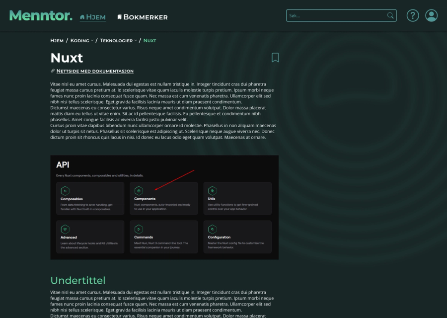 An article in Menntor: a breadcrumb trail from the front page down to the article, a bookmark toggle, a link to the official documentation, and body text broken up by a screenshot and a subheading.