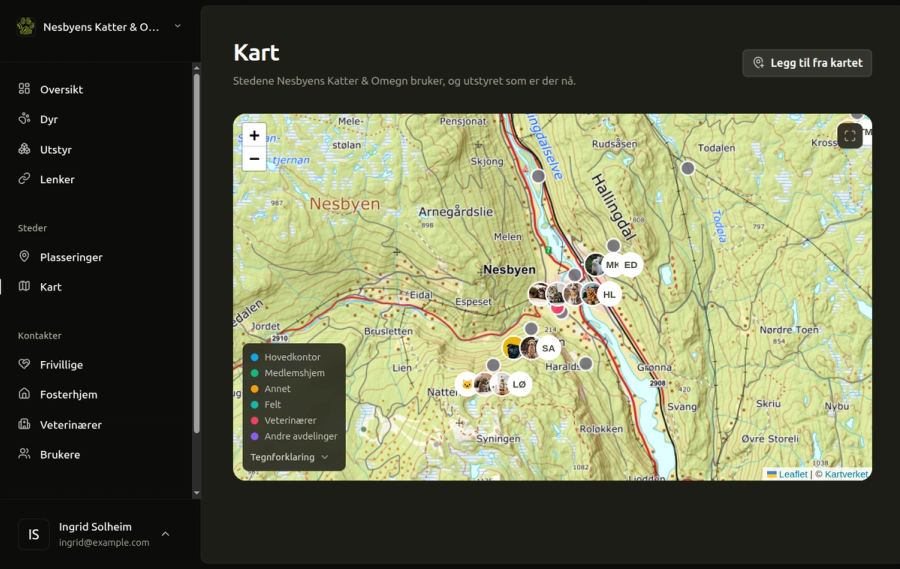 A topographic map of Nesbyen in Poteportalen, with the places the organisation uses marked on it, animal photos clustered at each one, and a legend for the kinds of place.