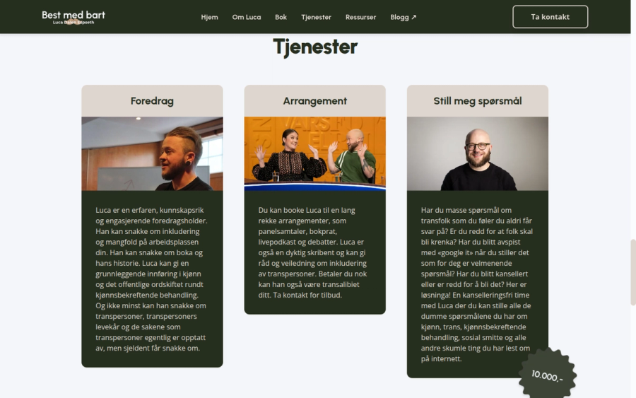 The services section of bestmedbart.no, with three cards offering talks, event appearances and one-to-one sessions, each with a photo of Luca speaking.