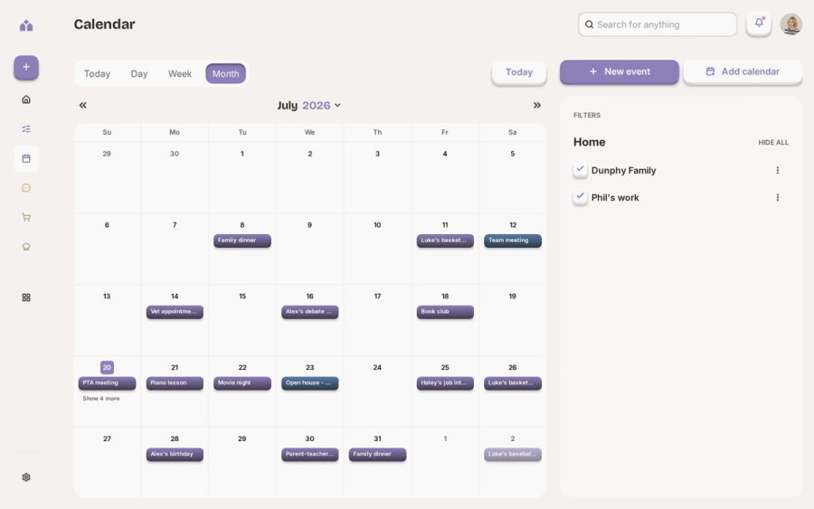 A month view of the Yem calendar in light mode, with events spread across July and a panel listing the household's calendars, each one able to be hidden.