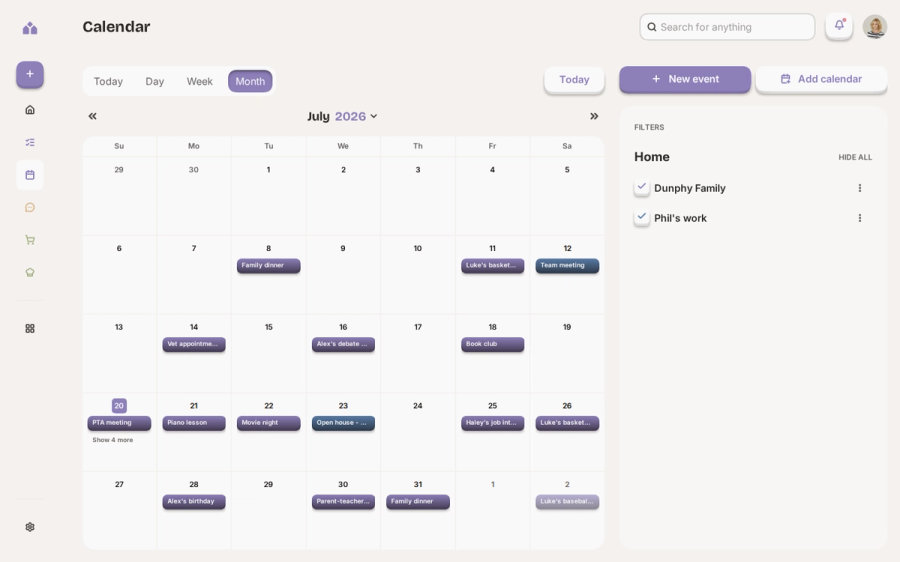 A month view of the Yem calendar in light mode, with events spread across July and a panel listing the household's calendars, each one able to be hidden.