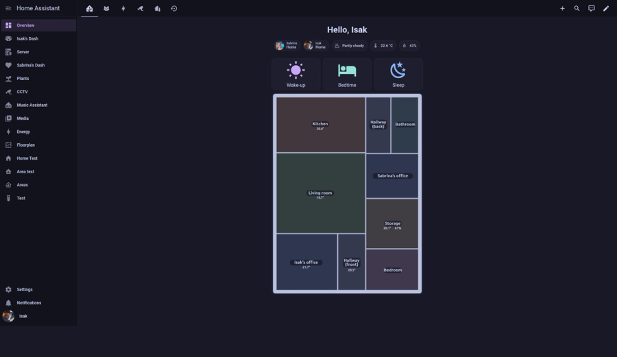 My Home Assistant overview: a floor plan of the flat where each room is shaded by its temperature, above shortcuts for the wake-up, bedtime and sleep routines.