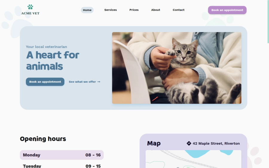 The front page of the veterinary clinic site: a cat being held on someone's lap, next to the heading "A heart for animals" and a button to book an appointment, with opening hours and a map below.