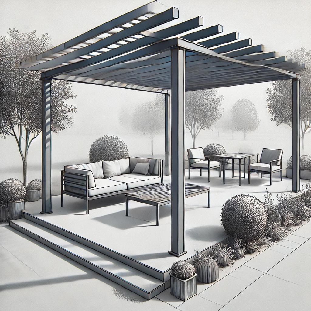 Black and white Image of a pergola 