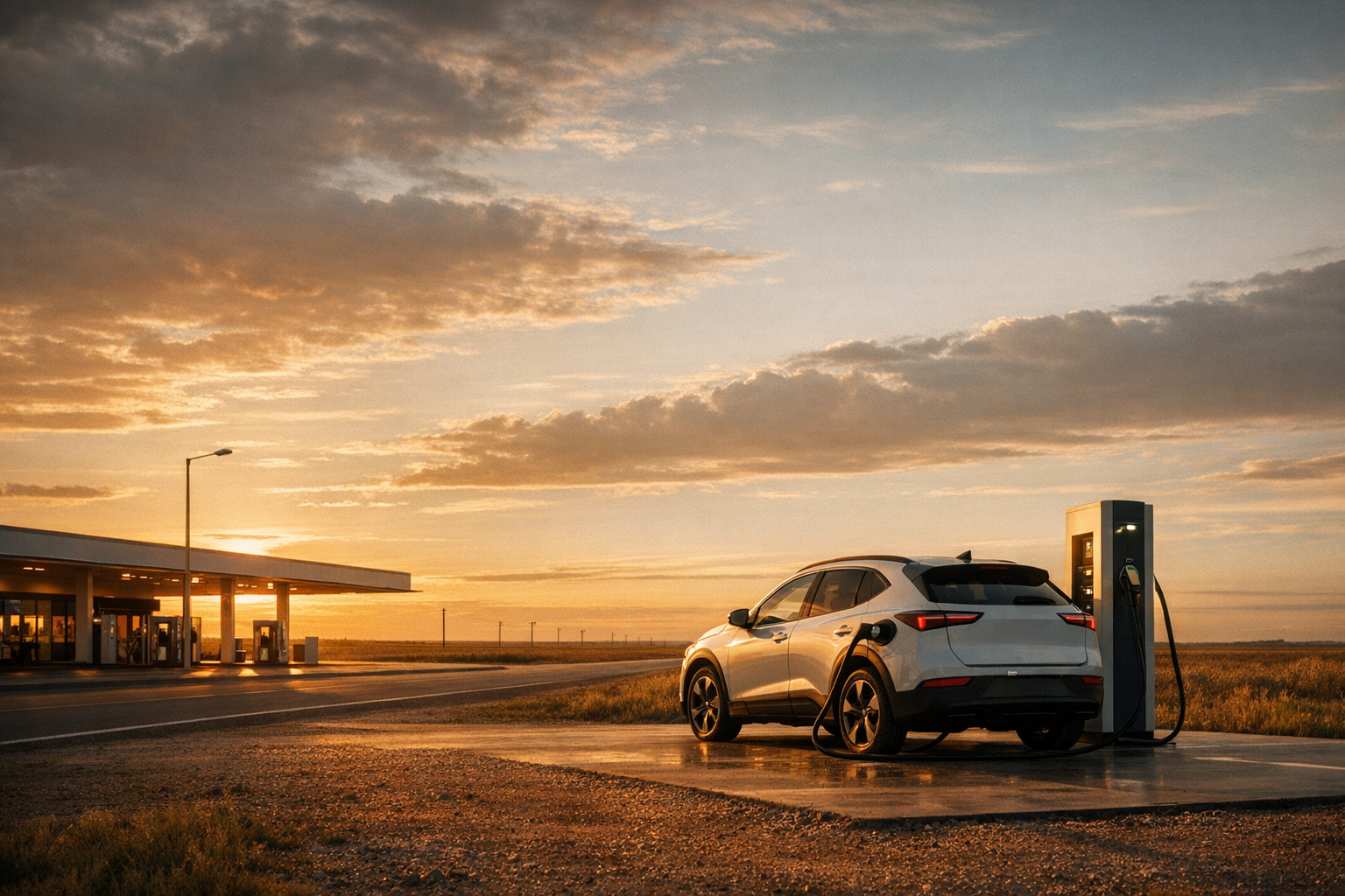 Electric car charging at YPF station in the Argentine pampas