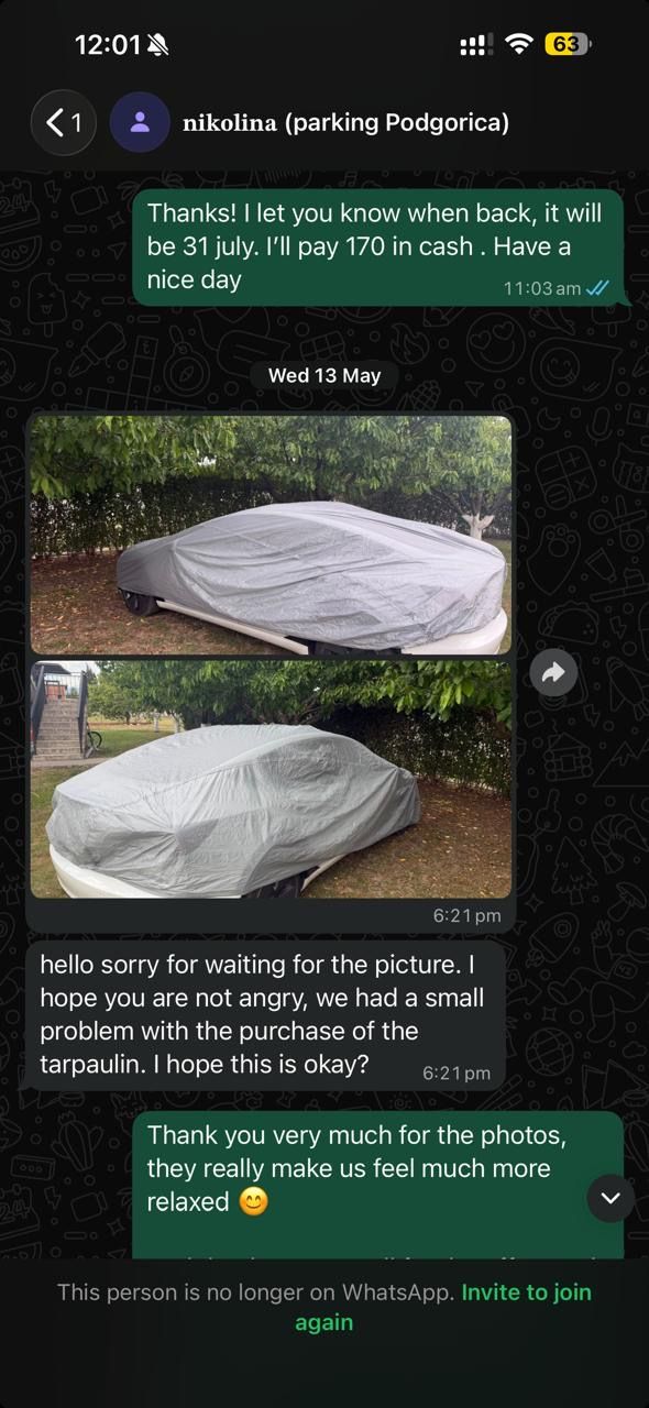 WhatsApp screenshot with photos of the covered Tesla in Podgorica