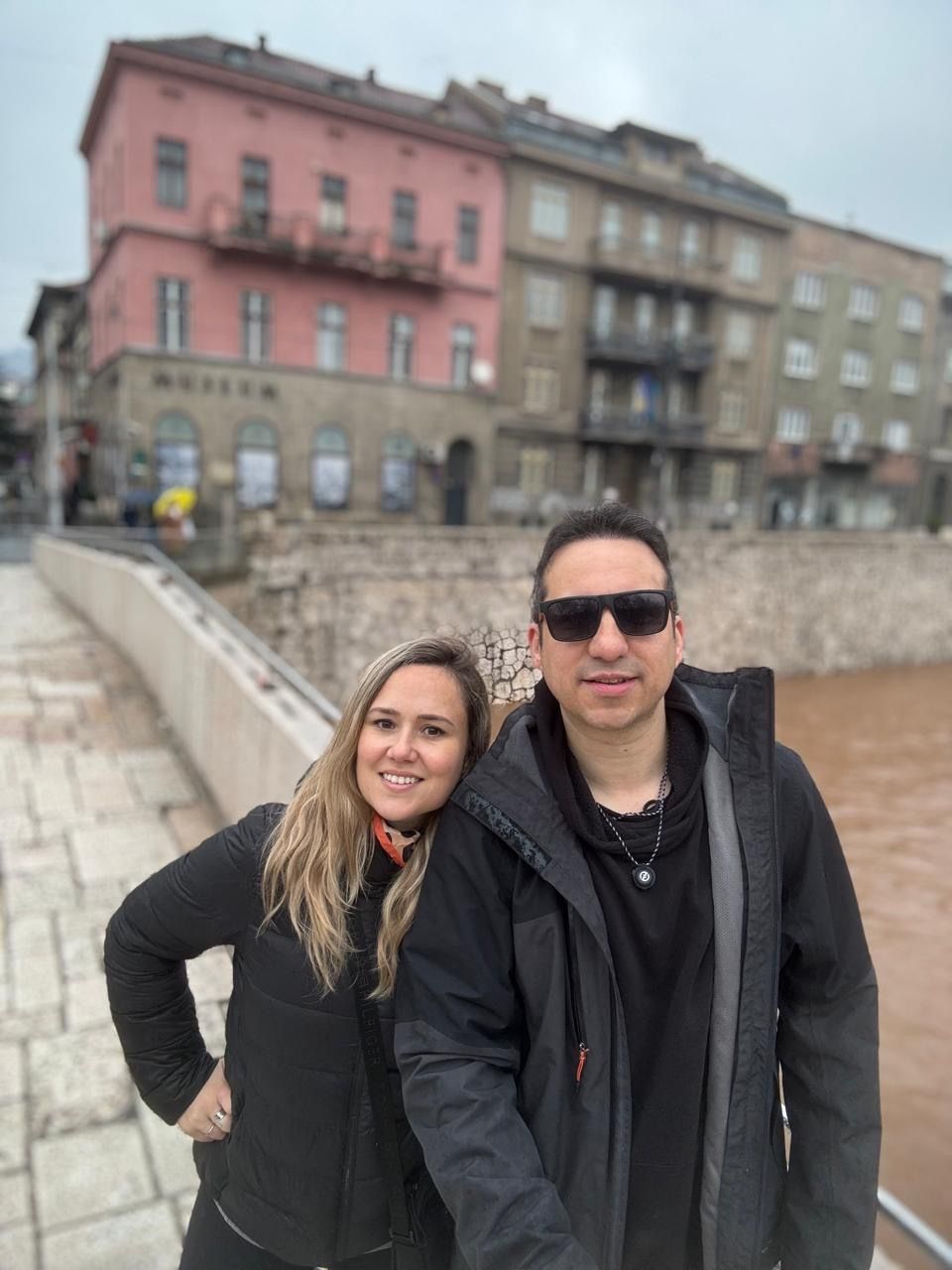 Carla and Gonzalo on a bridge over the Miljacka River, Sarajevo