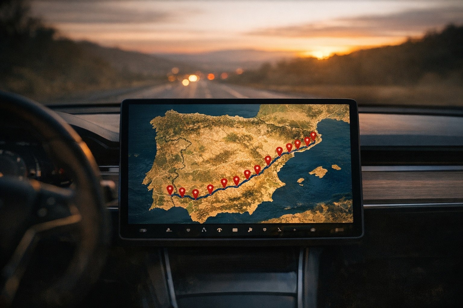 Tesla central screen showing Supercharger route in Spain