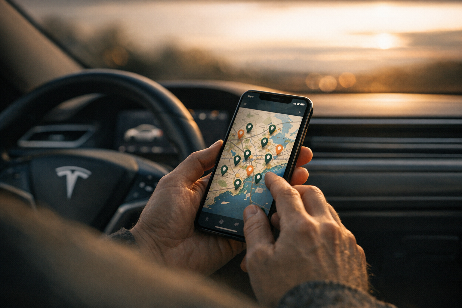 Smartphone showing charging network app with map pins, Tesla dashboard in background