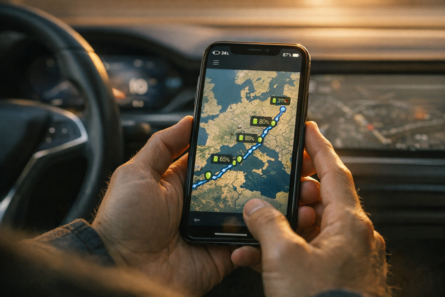 Smartphone with ABRP showing a long European Tesla route