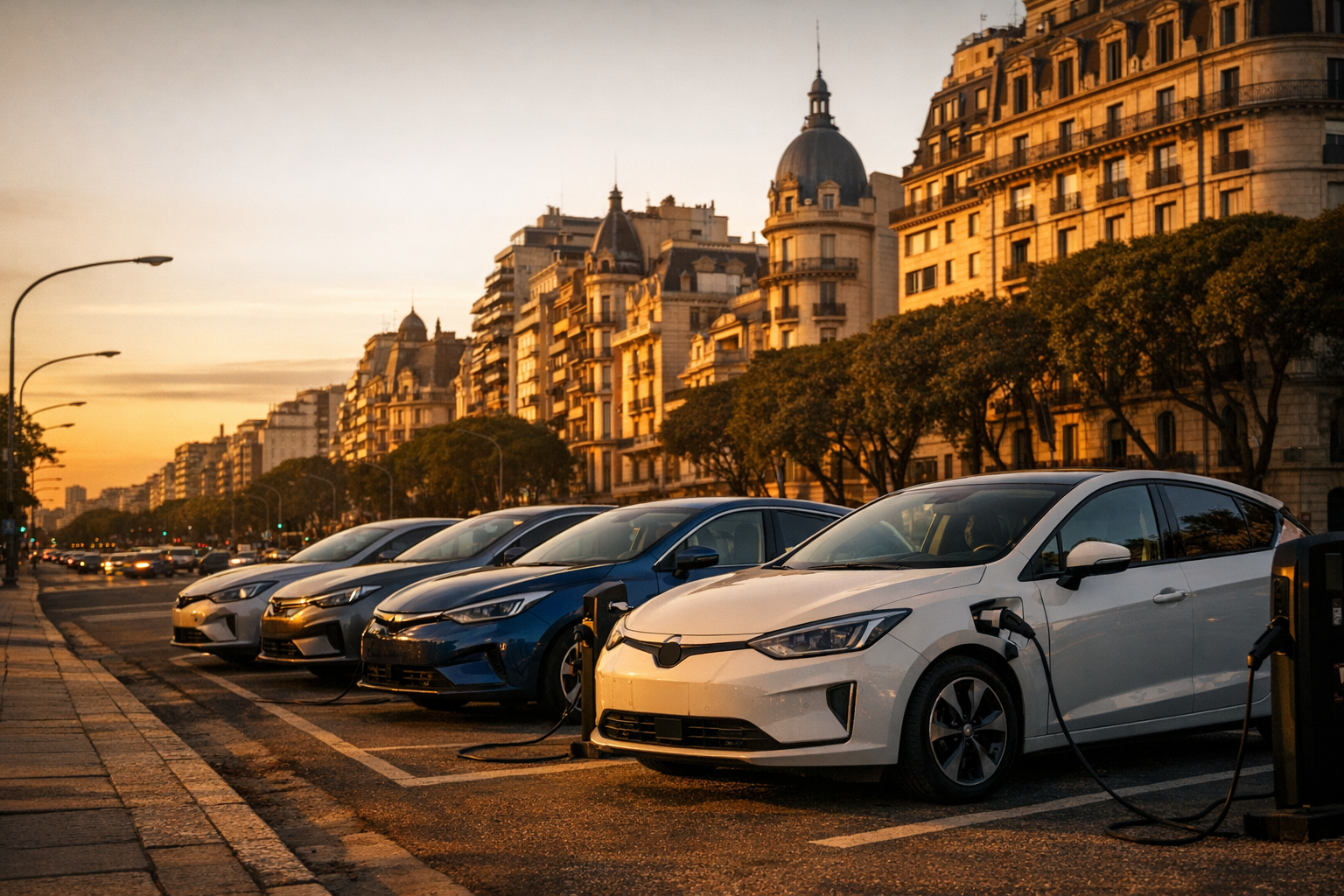 Modern electric vehicles on Avenida del Libertador, Buenos Aires